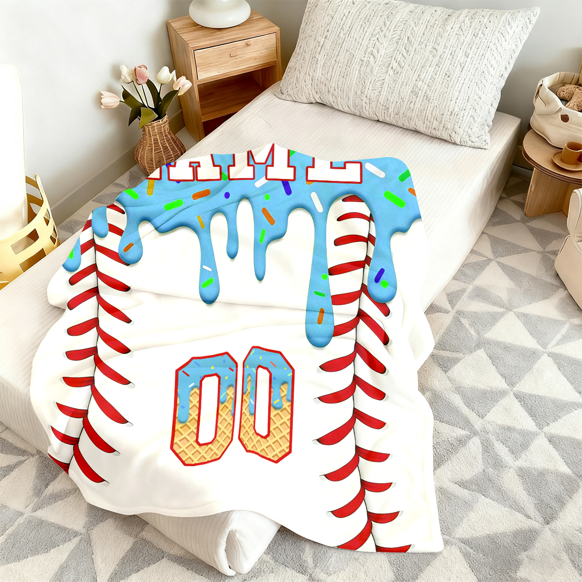 Ice-Cream-Drip–Inspired Baseball Blanket with Name and Number